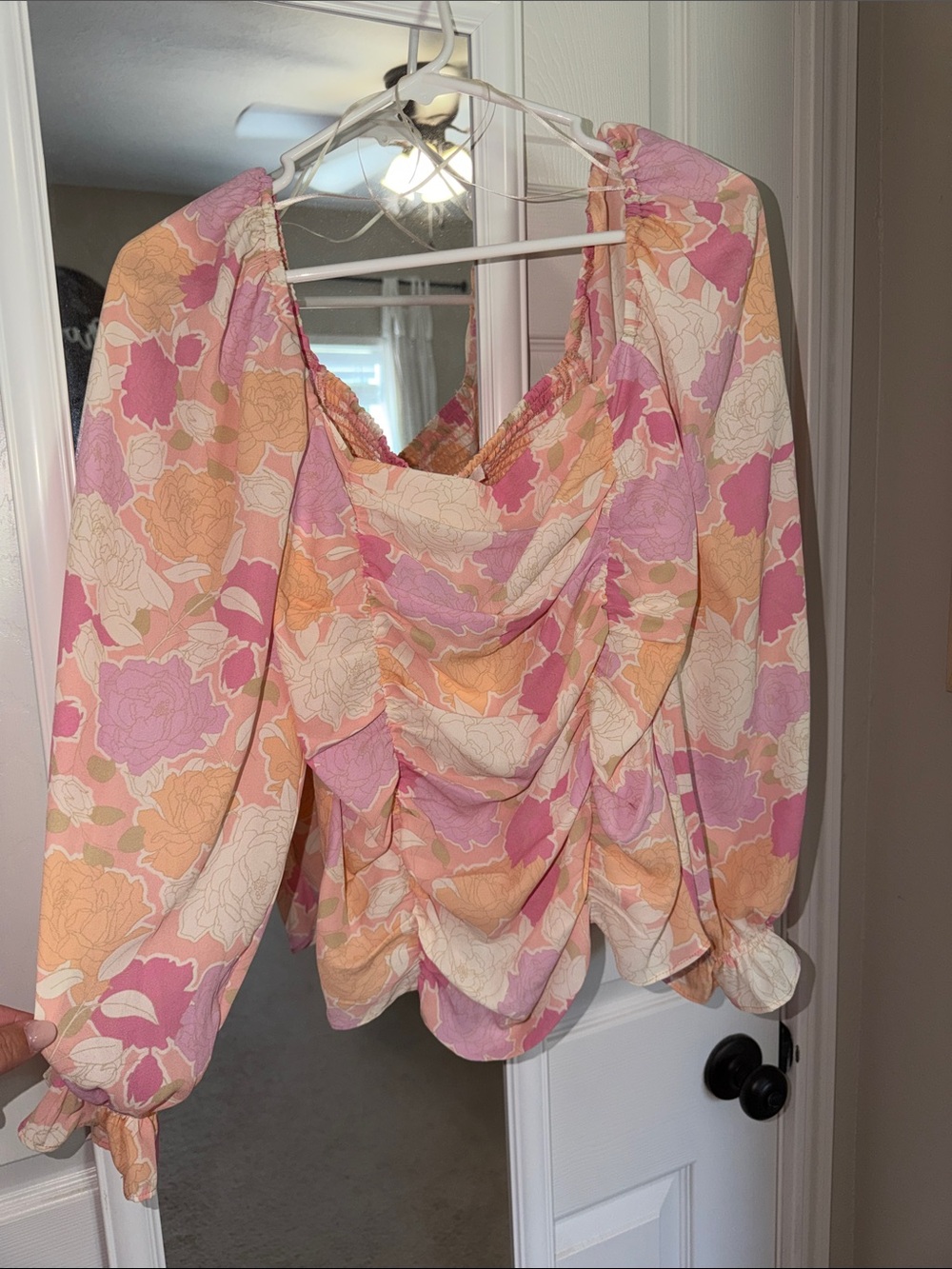 Rose & Olive Floral Cowl-Neck Puff Sleeve Blouse - Pink & Peach